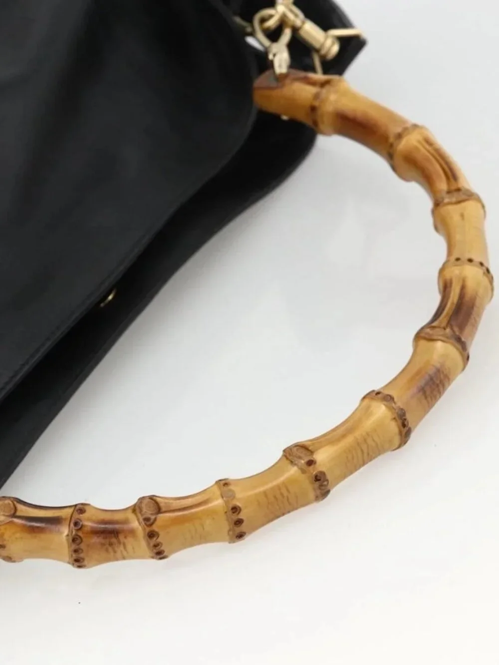 GUCCI Bamboo Shoulder Bag Leather 2way Black Gold 001 2123 1577 Auth am11264